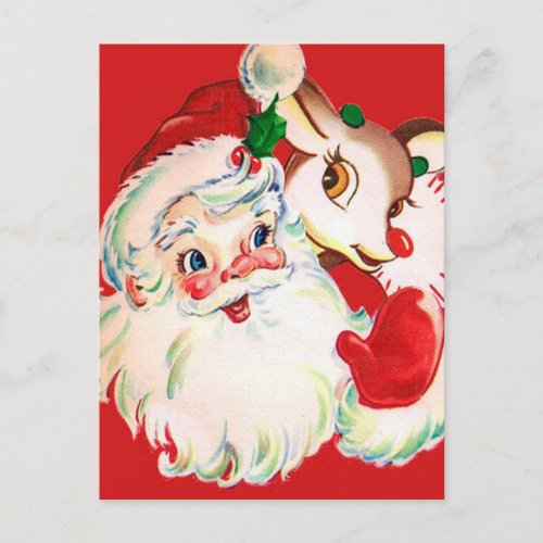 HAPPY HOLIDAYS  Vintage Santa  Rudolph Postcard