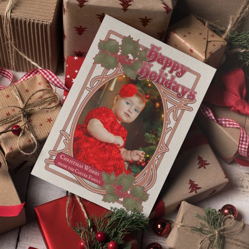 Happy Holidays Vintage Style Vertical Photo Holiday Card
