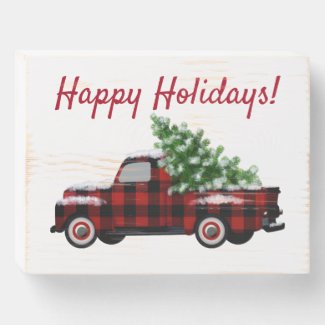 Happy Holidays! Vintage Truck and Pine Tree Wooden Box Sign