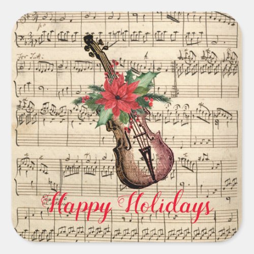 Happy Holidays Vintage Violin and Sheet Music  Square Sticker