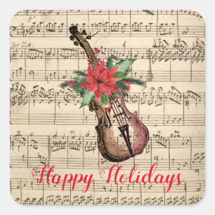 Happy Holidays Vintage Violin and Sheet Music Square Sticker