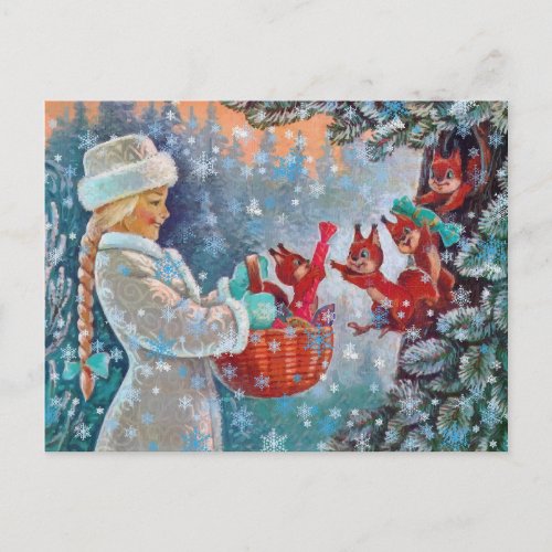 HAPPY HOLIDAYS  Vintage Winter Girl  Squirrels Postcard