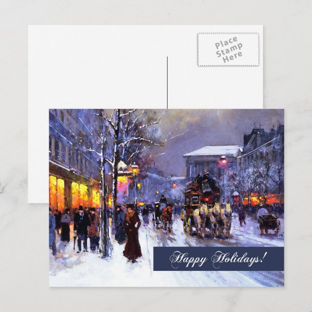 Happy Holidays. Vintage Winter Parisian Scene Holiday Postcard (Front/Back)