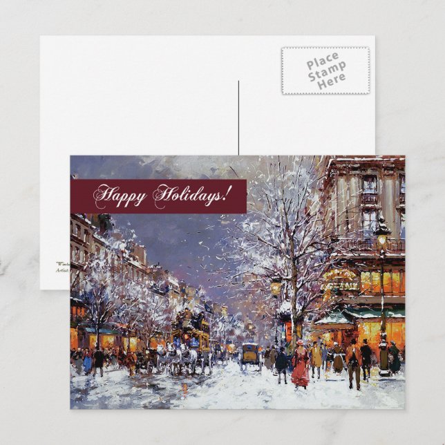 Happy Holidays. Vintage Winter Parisian Scene Holiday Postcard (Front/Back)