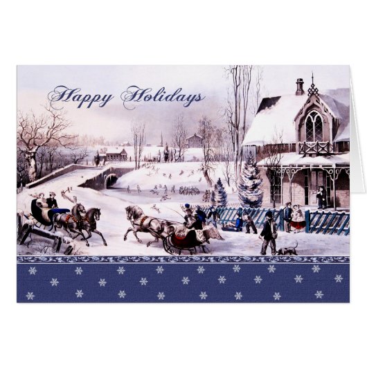Happy Holidays Vintage Winter Scene Christmas Card (Front Horizontal)