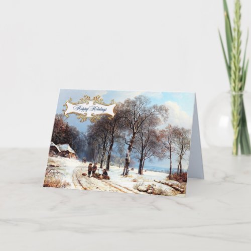 Happy Holidays Vintage Winter Scene Painting Holiday Card