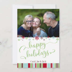 Happy Holidays w/ Snowflakes,  Stripes & Photo Holiday Card