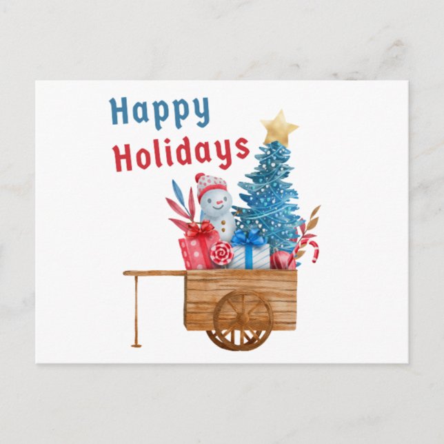 Happy Holidays Wagon with Snowman  Holiday Postcard (Front)