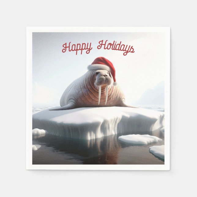 Happy Holidays Walrus Wearing a Santa Hat Napkins (Front)