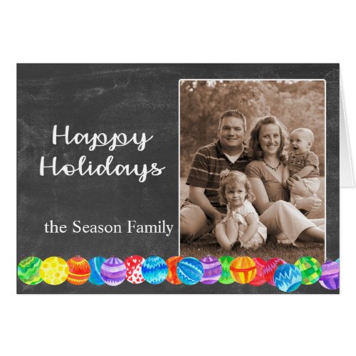 Happy Holidays watercolor baubles photo card