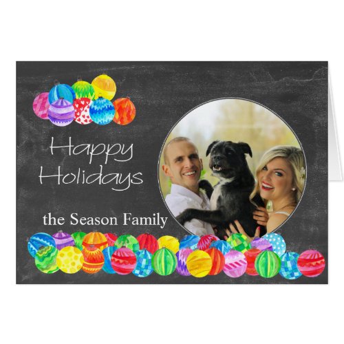 Happy Holidays watercolor baubles photo card