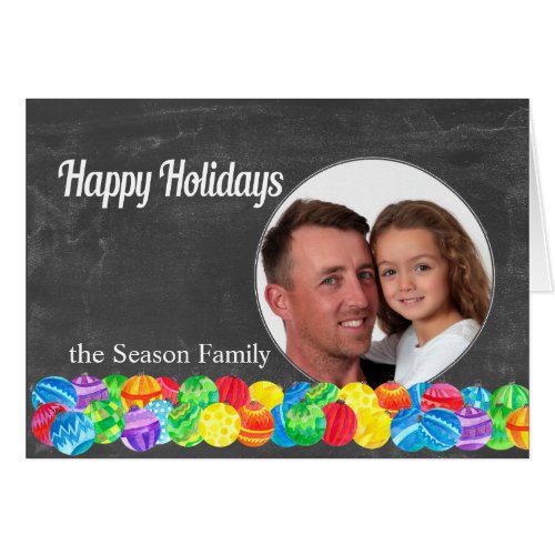 Happy Holidays watercolor baubles photo card
