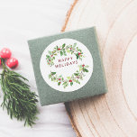 Happy Holidays Watercolor Botanical Christmas Classic Round Sticker<br><div class="desc">Custom Christmas stickers with a botanical watercolor illustration. This design features two delicate sprigs curved around the sticker to create a circular frame. The sprigs are full of lush foliage and bright red winter berries. Inside the greenery wreath, it reads "Happy Holidays" or the greeting of your choice, and your...</div>