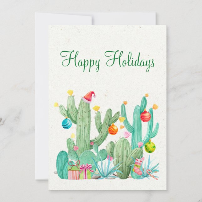 Happy Holidays Watercolor Cactus Desert Southwest Holiday Card (Front)