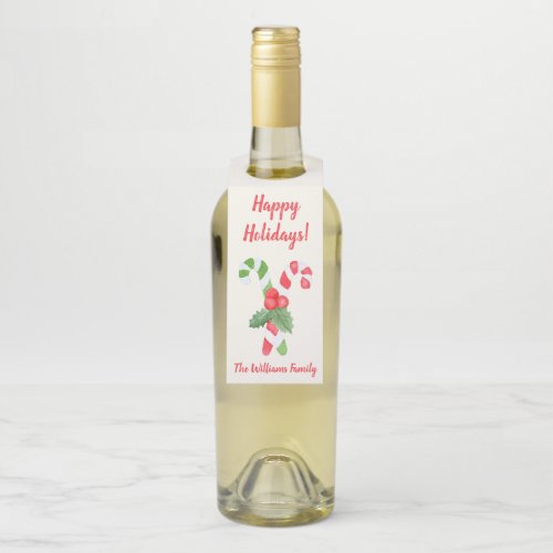 Happy Holidays  Watercolor Candy Cane Christmas Bottle Hanger Tag
