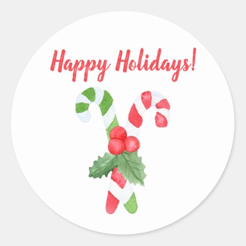 Happy Holidays  Watercolor Candy Cane Christmas Classic Round Sticker