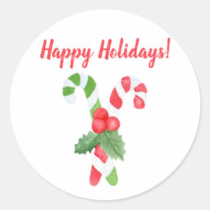 Happy Holidays Watercolor Candy Cane Christmas Classic Round Sticker