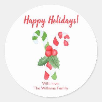 Happy Holidays | Watercolor Candy Cane Christmas Classic Round Sticker