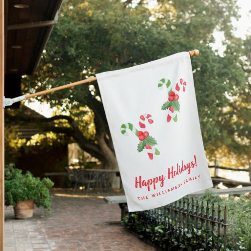 Happy Holidays  Watercolor Candy Cane Christmas House Flag