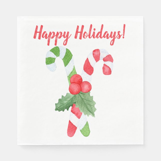 Happy Holidays! | Watercolor Candy Cane Christmas Paper Napkins (Front)