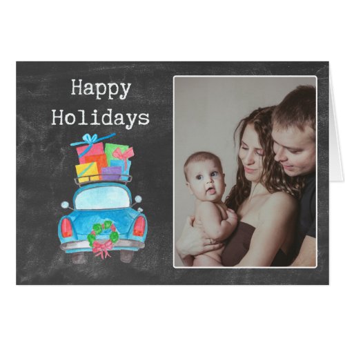 Happy Holidays watercolor Christmas car photo card