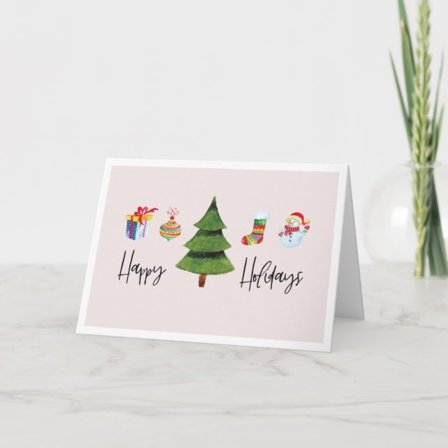 Happy Holidays Watercolor Christmas Tree Holiday Card (Front)