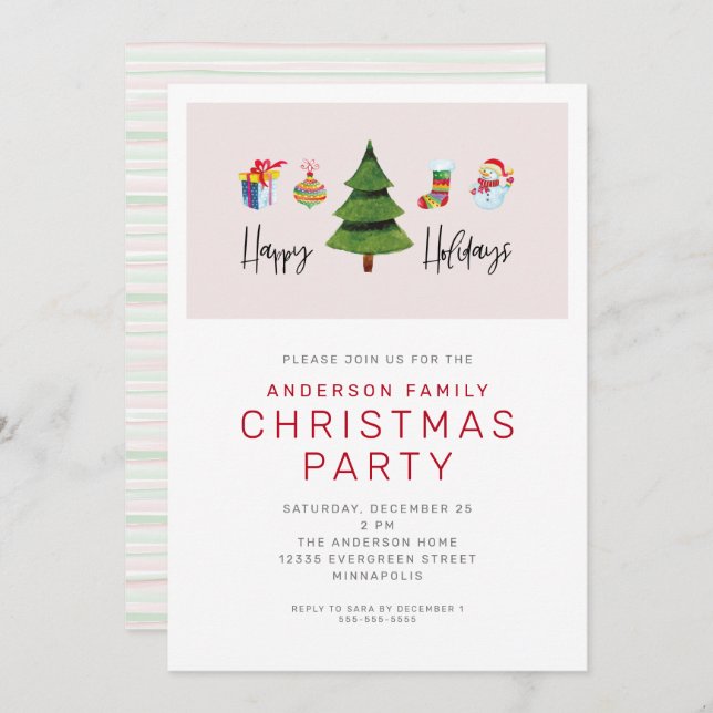 Happy Holidays Watercolor Cute Christmas Party Invitation (Front/Back)