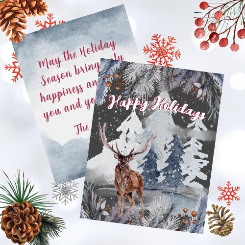 Happy Holidays Watercolor Deer in Woods Snow Scene Holiday Card