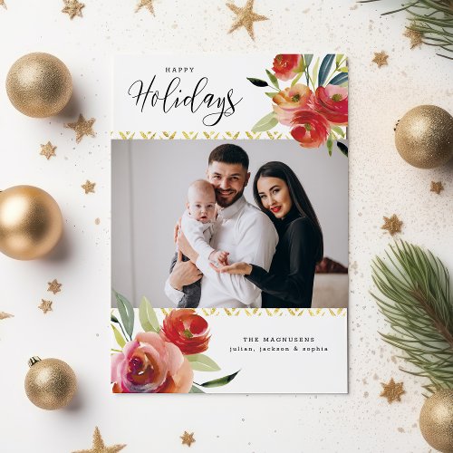 Happy Holidays Watercolor Floral 2 Photos Gold Holiday Card