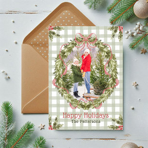 Happy Holidays Watercolor Floral Bow Family Photo Holiday Card