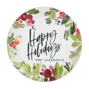 Happy holidays watercolor floral foliage cutting board