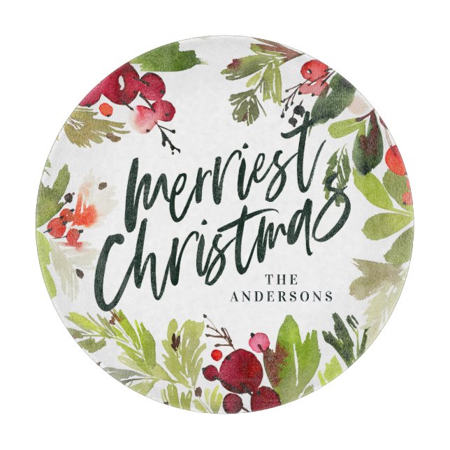 Happy holidays watercolor floral foliage cutting board (Front)