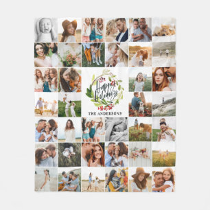 Happy Holidays watercolor floral Holiday family Fleece Blanket