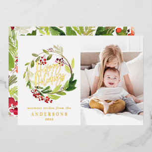 Happy Holidays watercolor floral photo  Foil Holiday Card