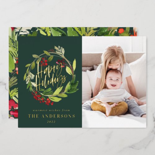 Happy Holidays watercolor floral photo green Foil Holiday Card