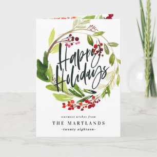 Happy Holidays watercolor floral photo Holiday Card