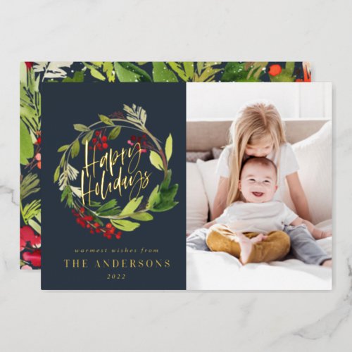 Happy Holidays watercolor floral photo navy blue Foil Holiday Card