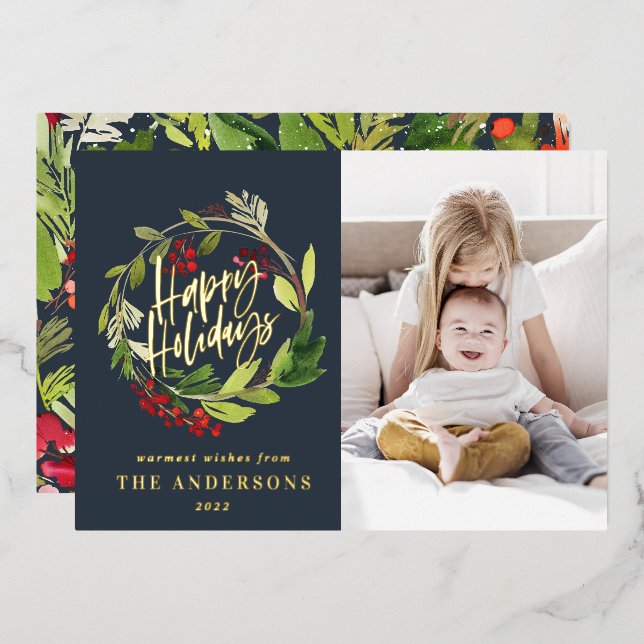 Happy Holidays watercolor floral photo navy blue Foil Holiday Card (Front/Back)