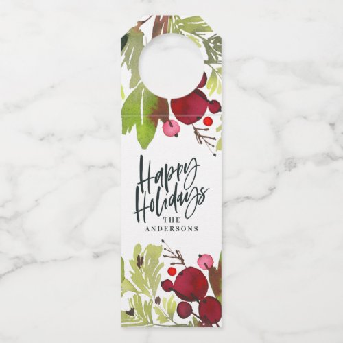 Happy holidays watercolor floral script bottle hanger tag