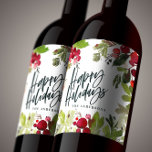 Happy holidays watercolor floral script wine label<br><div class="desc">Happy holidays watercolor floral foliage script text Holiday design. Part of a collection. Ideal a holiday or Christmas party gift.</div>