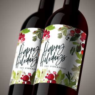 Happy holidays watercolor floral script wine label
