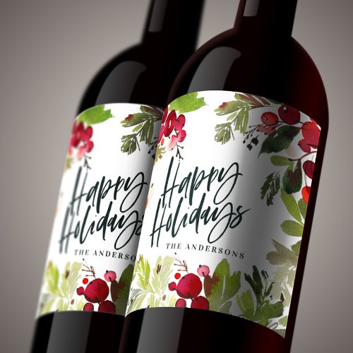 Happy holidays watercolor floral script wine label