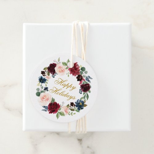 Happy Holidays Watercolor Floral Wreath Gold Favor Tags