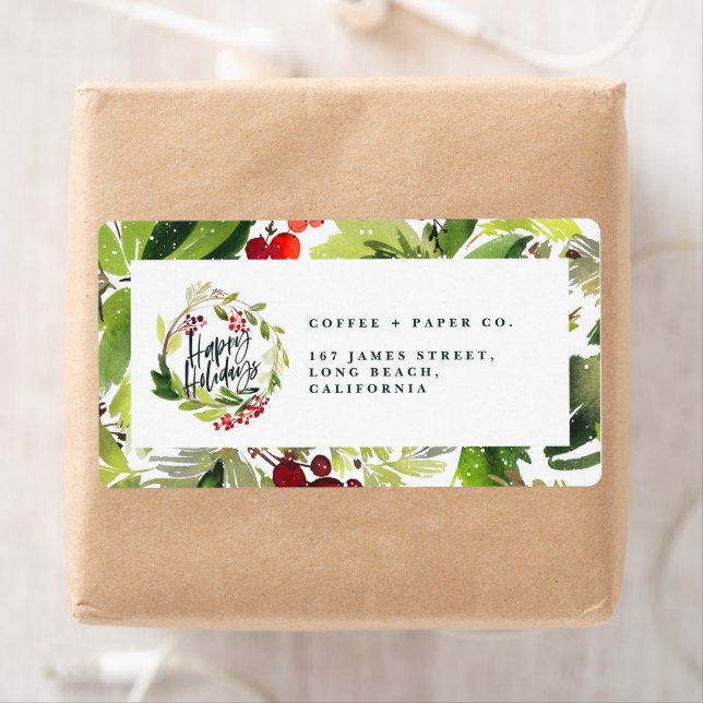 Happy holidays watercolor foliage Christmas Label (Insitu)