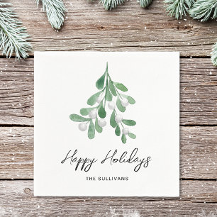 Happy Holidays Watercolor Greenery Napkins