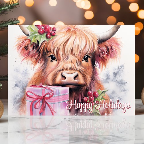 Happy Holidays Watercolor Highland Cow Christmas Holiday Card