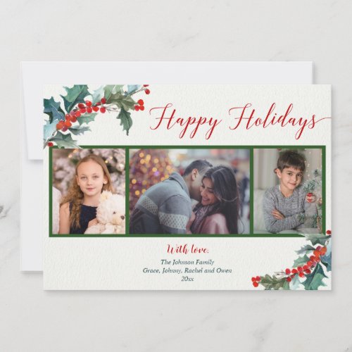 Happy Holidays watercolor holly 3 photo card