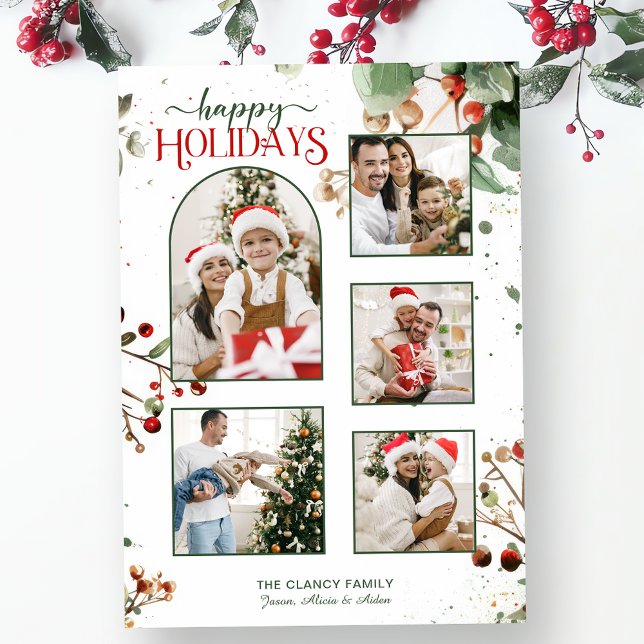 Happy Holidays Watercolor Holly Botanical 5 Photo Holiday Card (Creator Uploaded)