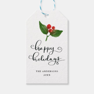 Happy Holidays Watercolor Holly Holiday Script Gift Tags