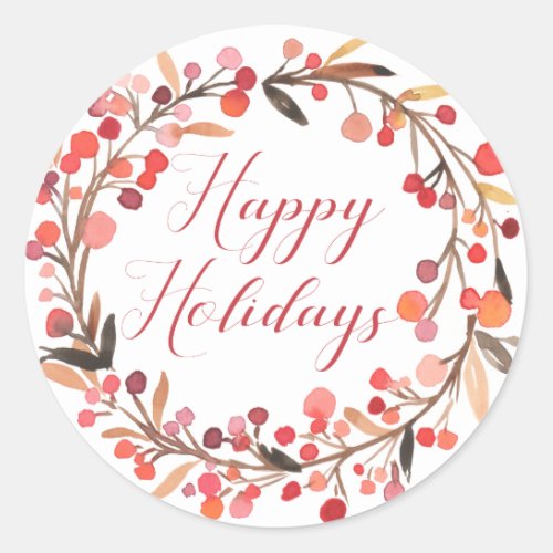 Happy Holidays  Watercolor Holly Wreath Classic Round Sticker